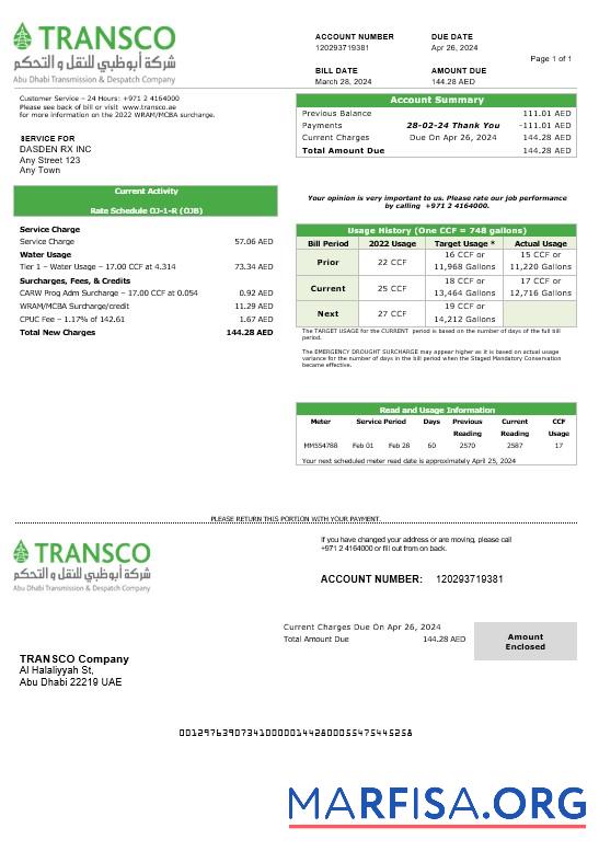 Printable United Arab Emirates Abu Dhabi Distribution electricity business utility bill template in Word and PDF formats